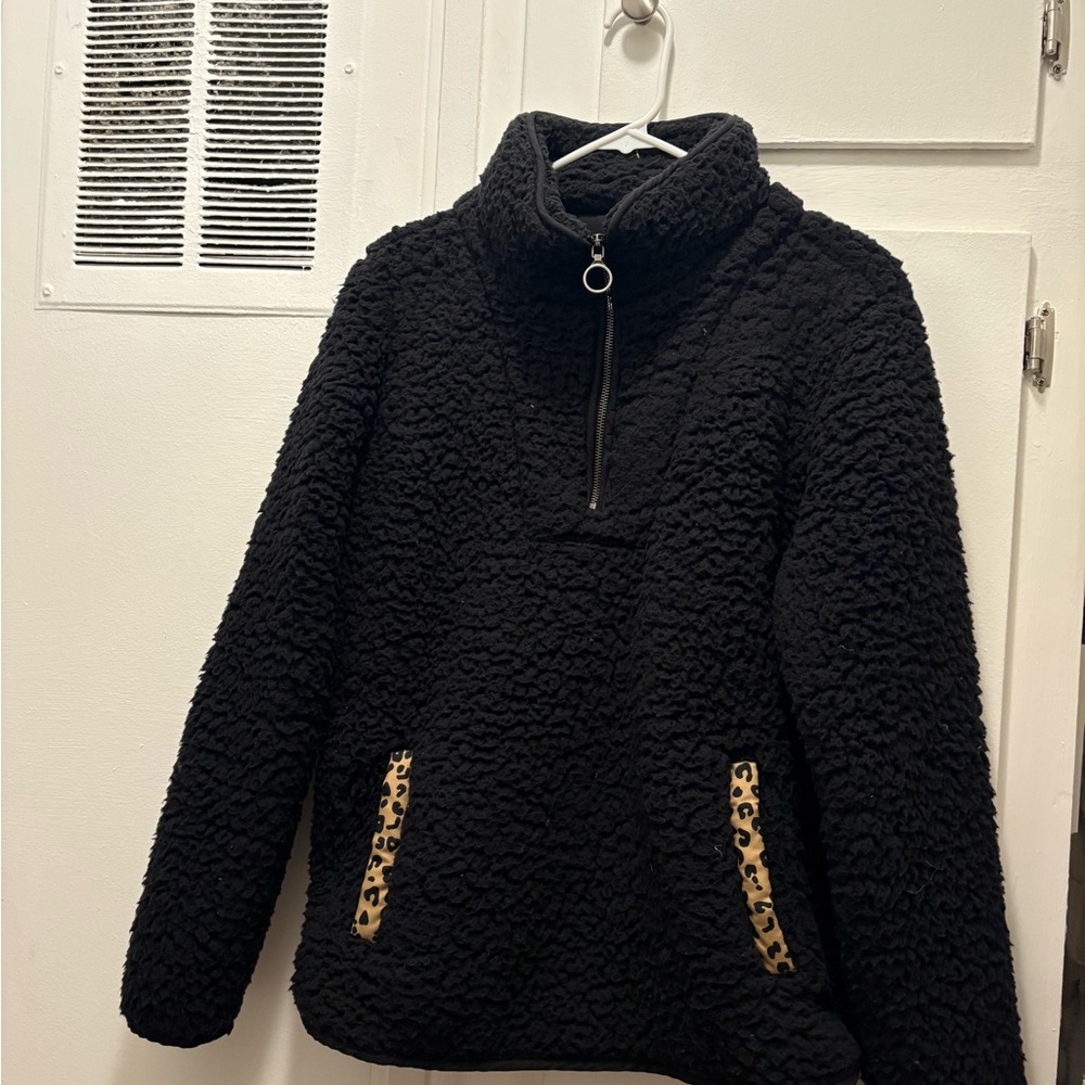 Black Sherpa Pullover with Leopard Accents